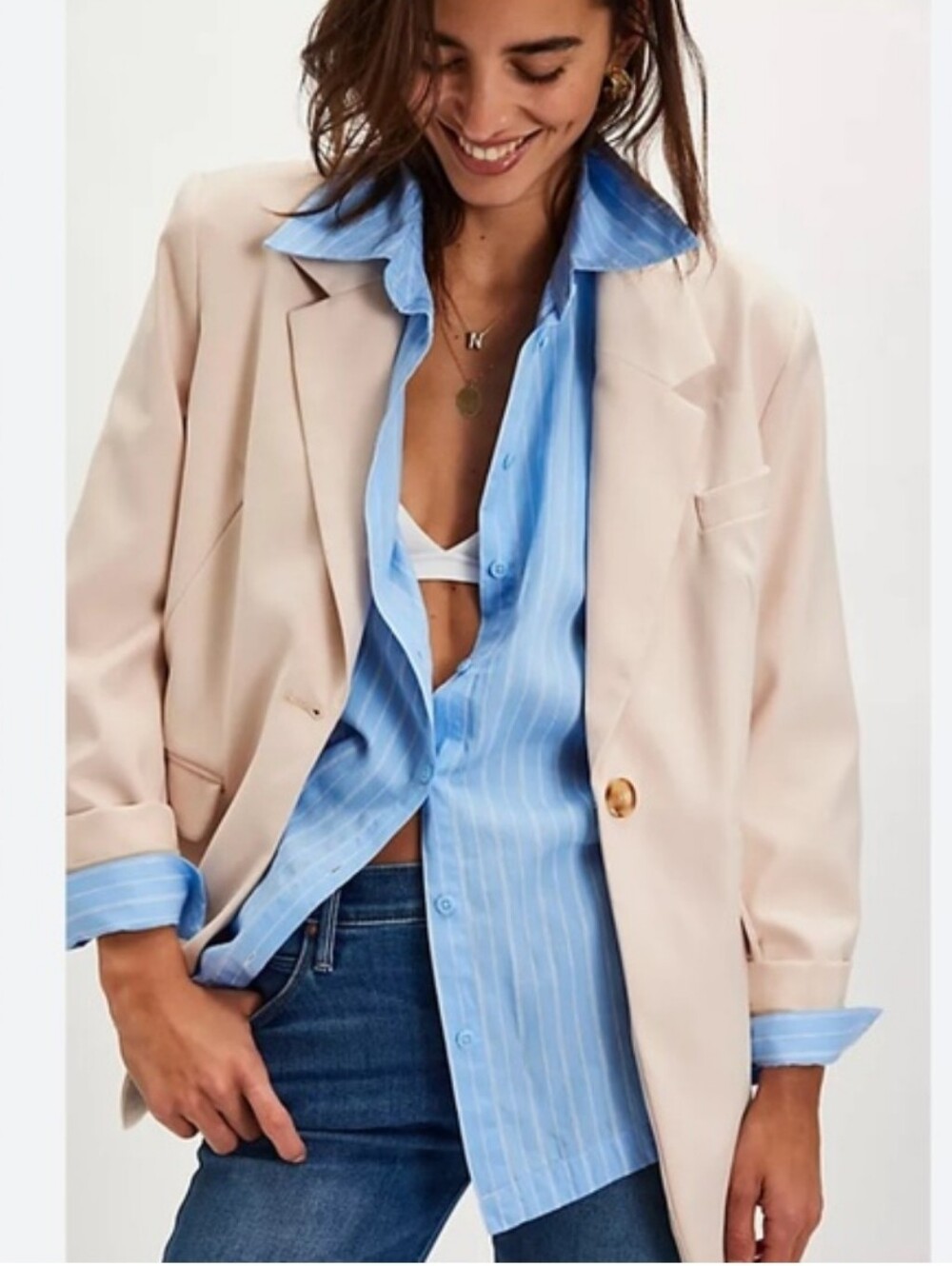 Free People Classic  Women's Crosby Blazer Sz L $198 Brazilian Sand